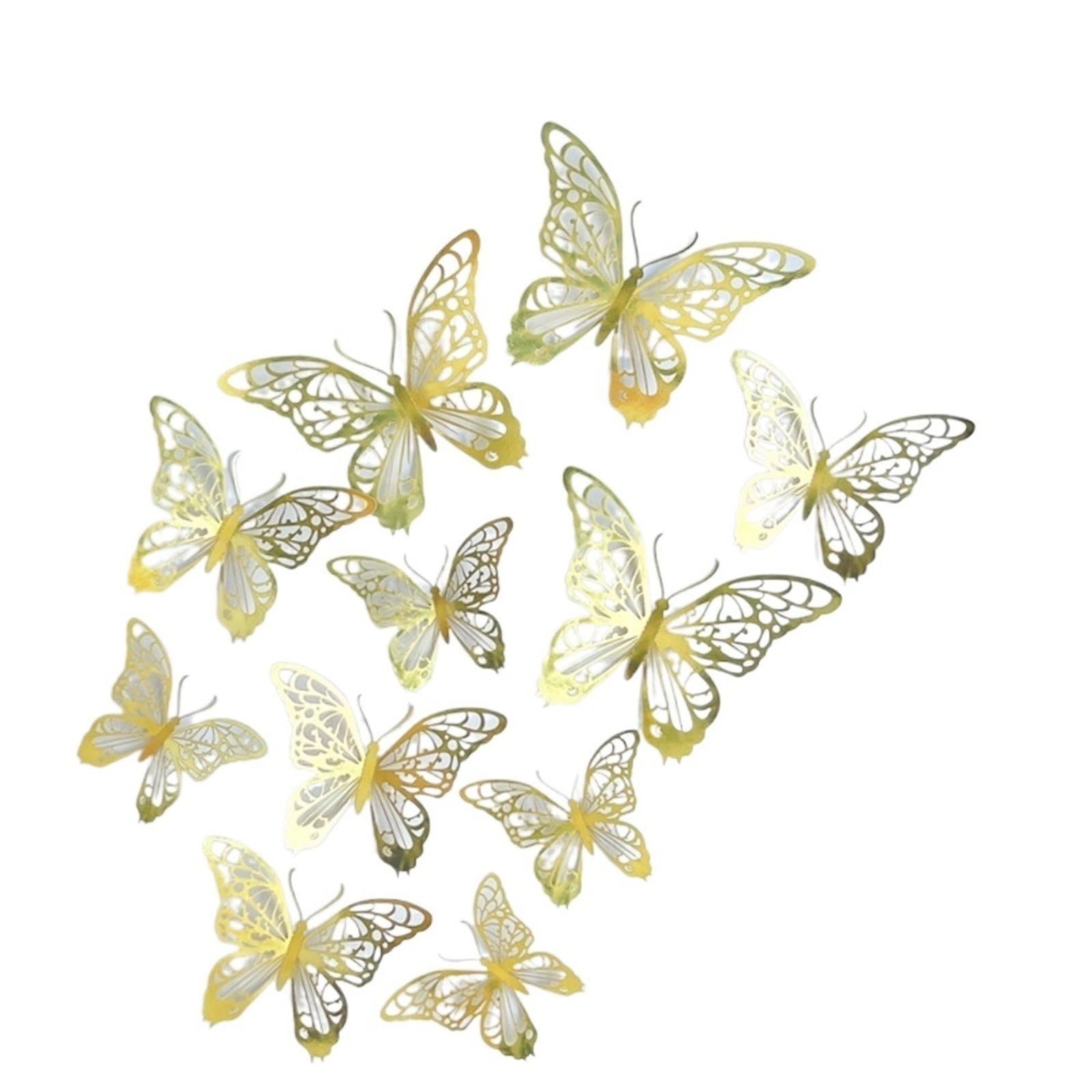 12pcs Colorful Hollow Butterfly Sticker DIY Paper 3D Wall Decor Exquisite Cartoon Simulation(Gold)