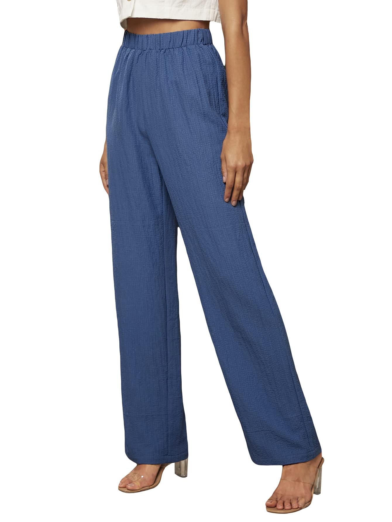 WDIRARA Womens Wide Leg High Waisted Elastic Waist Loose Pants Casual Comfy Pants