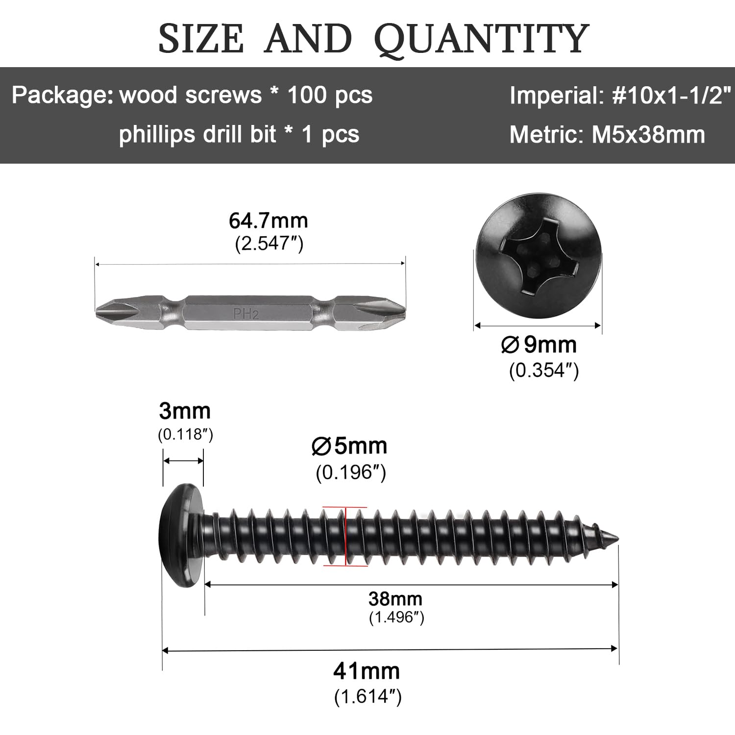 #10 x 1-1/2" Wood Screws Pan Head Phillips Drive 304 Stainless Steel Self Tapping Screws 100pcs HS/ZGLS-02
