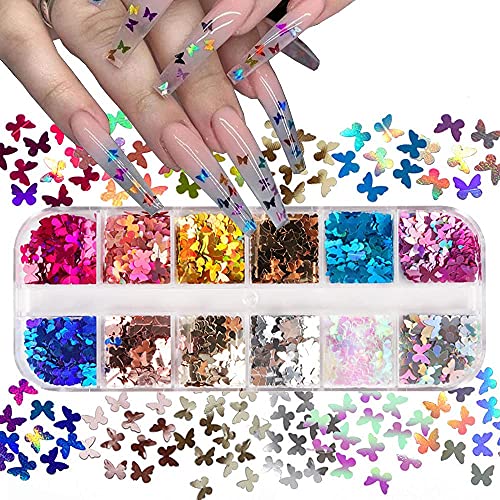 Butterfly Nail Art Glitter Sequins 12 Colors 3D Holographic Butterfly Nail Decals Flakes For Acrylic Nails Manicure Paillettes Ultrathin Glitters Nail Art Supplies For Women Nail Art Decoration #TOP2