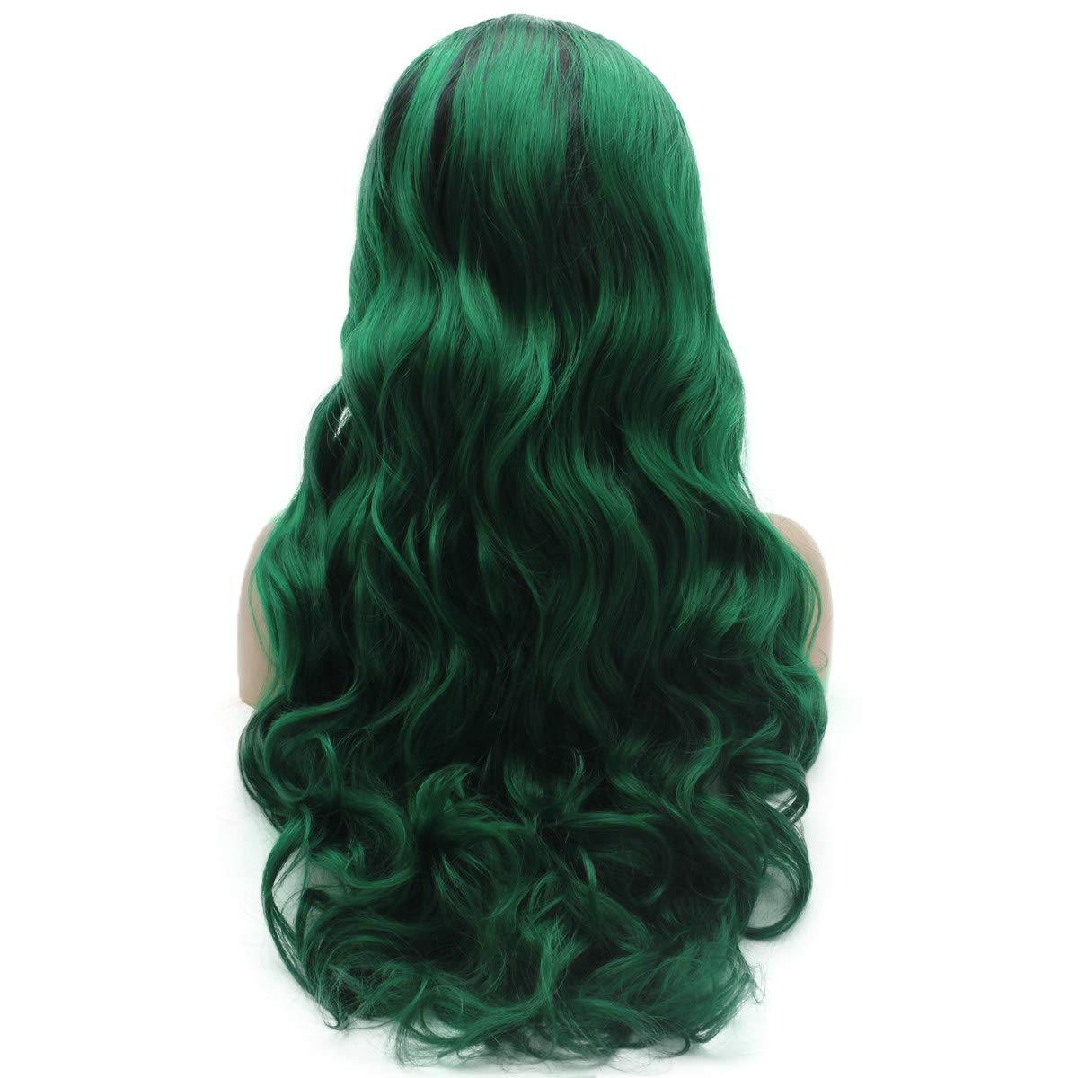 Lushy Lace Front Synthetic Wavy Long 24inch Dark Root Green Ombre Heavy Density Heat Resistant Realistic Wigs
