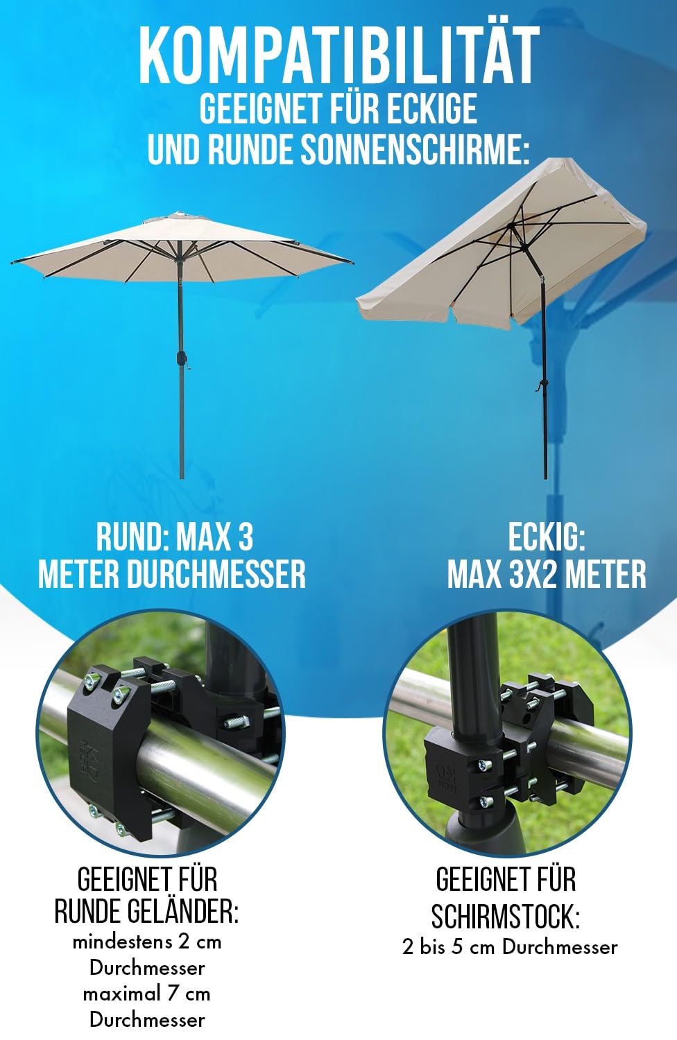 KD-TECH – Supporto Per Ombrellone V3 Per Ringhiera Balcone (Rotonda/Rettangolare) – Fissaggio Senza Foratura, Grigio-Nero
