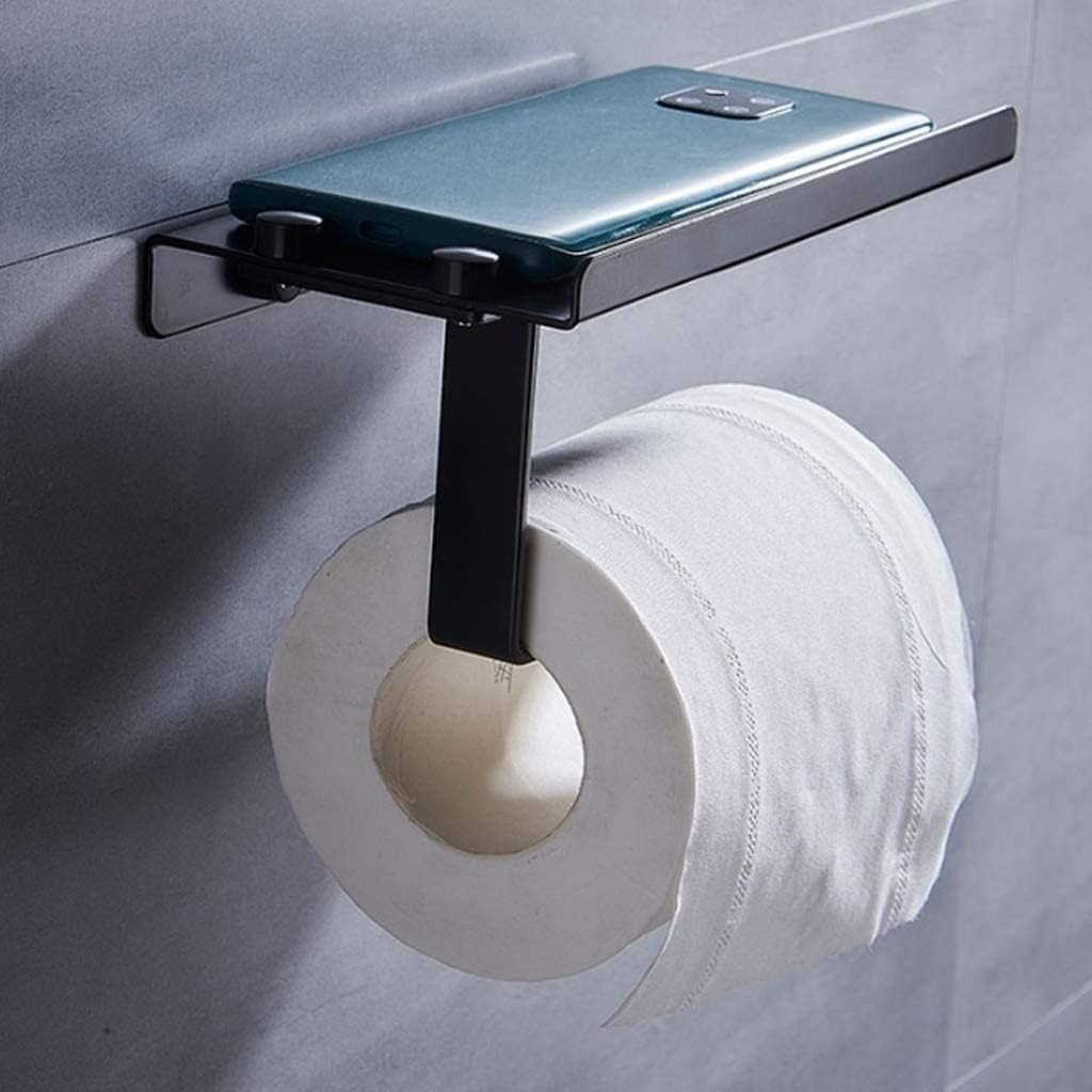 Toilet Paper Holder Modern Toilet Roll Paper Holder Wall Mounted Stainless Steel Bathroom Paper Phone Holder with Storage Shelf Rack Toilet Paper Holder(A-Black)