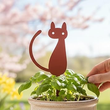 Elegant Cat Metal Garden Stake Powder-Coated Steel Plant Pick for Pots & Planters, Rustic Indoor/Outdoor Decorative Accent