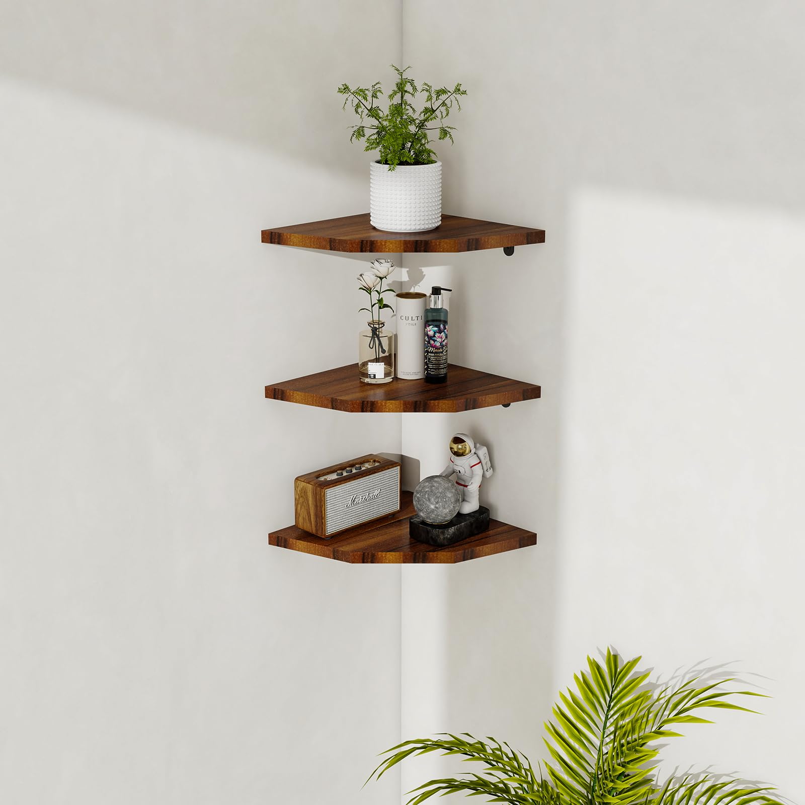 ZLLkeji Eckregal hängend 3er Set, Wandregal Ecke Holz zur Aufbewahrung, Eckregal Küche Wohnzimmer Schlafzimmer, Platzsparend & Stabil für Hausfrauen & Ordnungsliebhaber Braun Küche, Haushalt & Wohnen