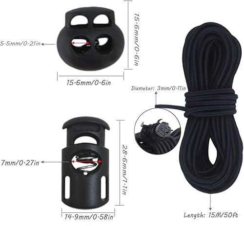 20 cerraduras de plástico con cordón elástico de 1/8 de pulgada y 50 pies, 10 agujeros cantantes, 10 tapones de palanca de resorte de doble negro