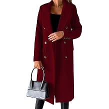 Womens Solid Color Double Breasted Medium Length Slim Coat Winter Casual Lapel Wool Jacket Coat