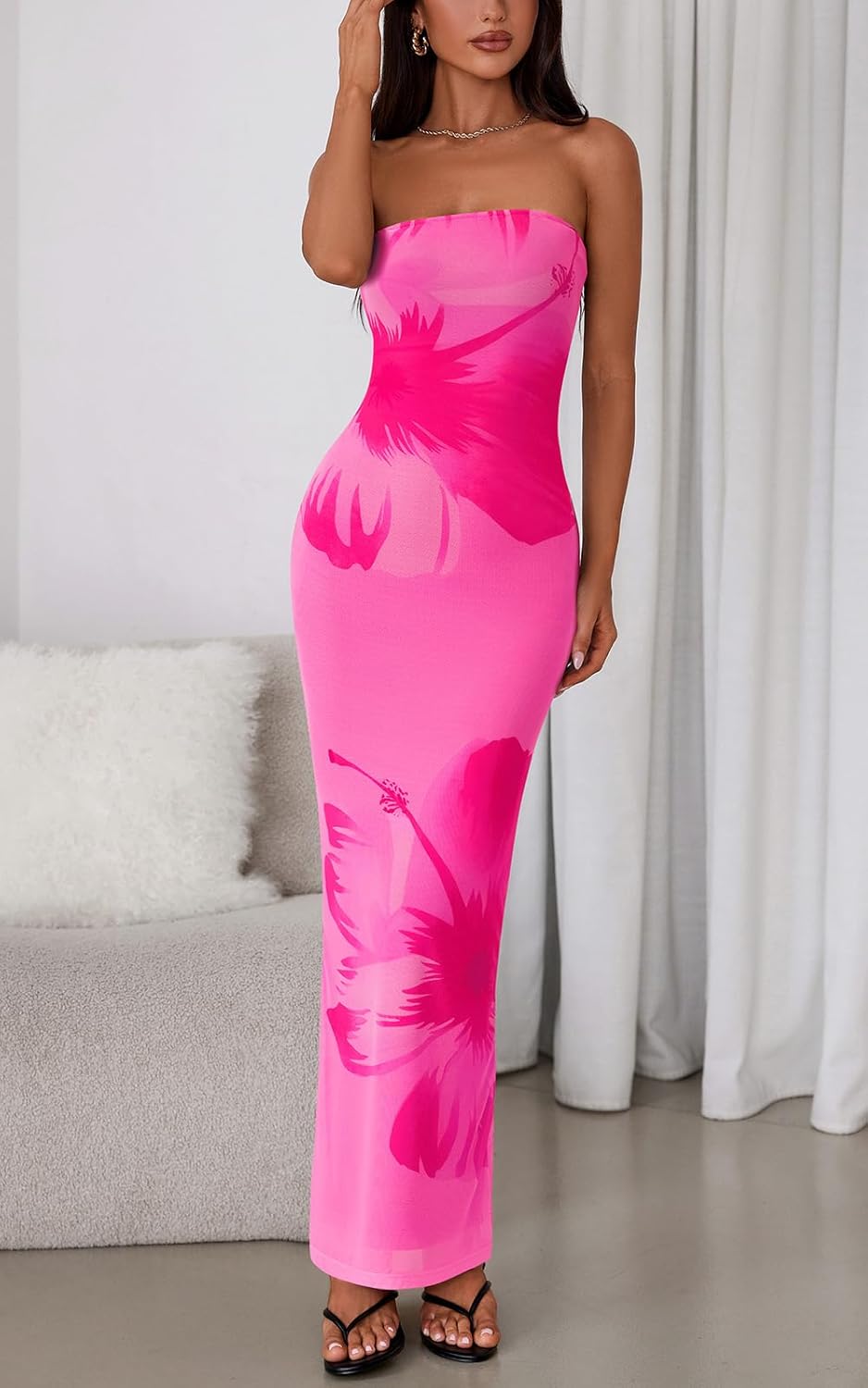 PRETTYGARDEN Strapless Bodycon Summer Dresses for Women 2026 Floral Mesh Tube Top Long Party Cocktail Dress Slit Side - Image 3