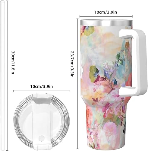 Miniatura 3 de PTONUIC Vaso de 40 onzas con diseño de flores rosas de acuarela con asa y tapa con pajilla, vaso aislado reutilizable, botella de agua de acero