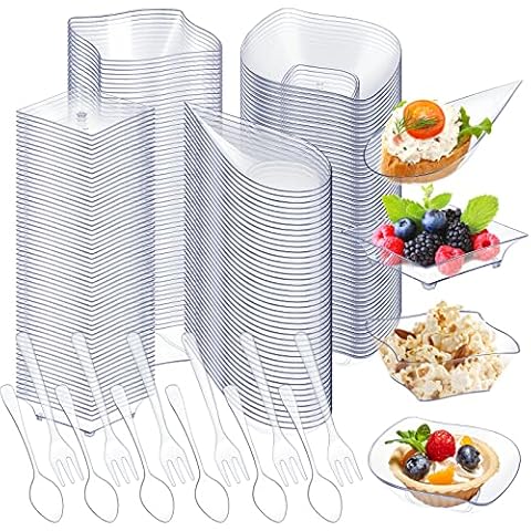 Tessco 800 Pcs Mini Clear Plastic Dessert Plates Set including 400 Pcs Disposable Appetizer Plates Assorted Shape 200 Pcs Mini Plastic Forks 200 Pcs Plastic Spoons for Party(Clear, Classic) Cover