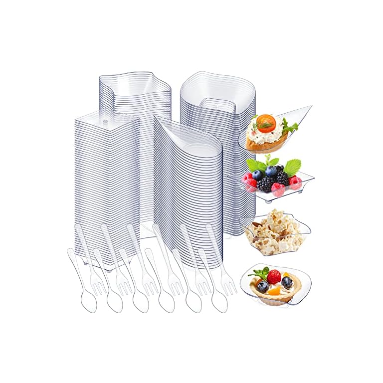 Tessco 800 Pcs Mini Appetizer Plates Set Including 400 Disposable Dessert Plates Assorted Shape 200 Mini Plastic Forks 200 Plastic Spoons for Party(Clear,Classic)