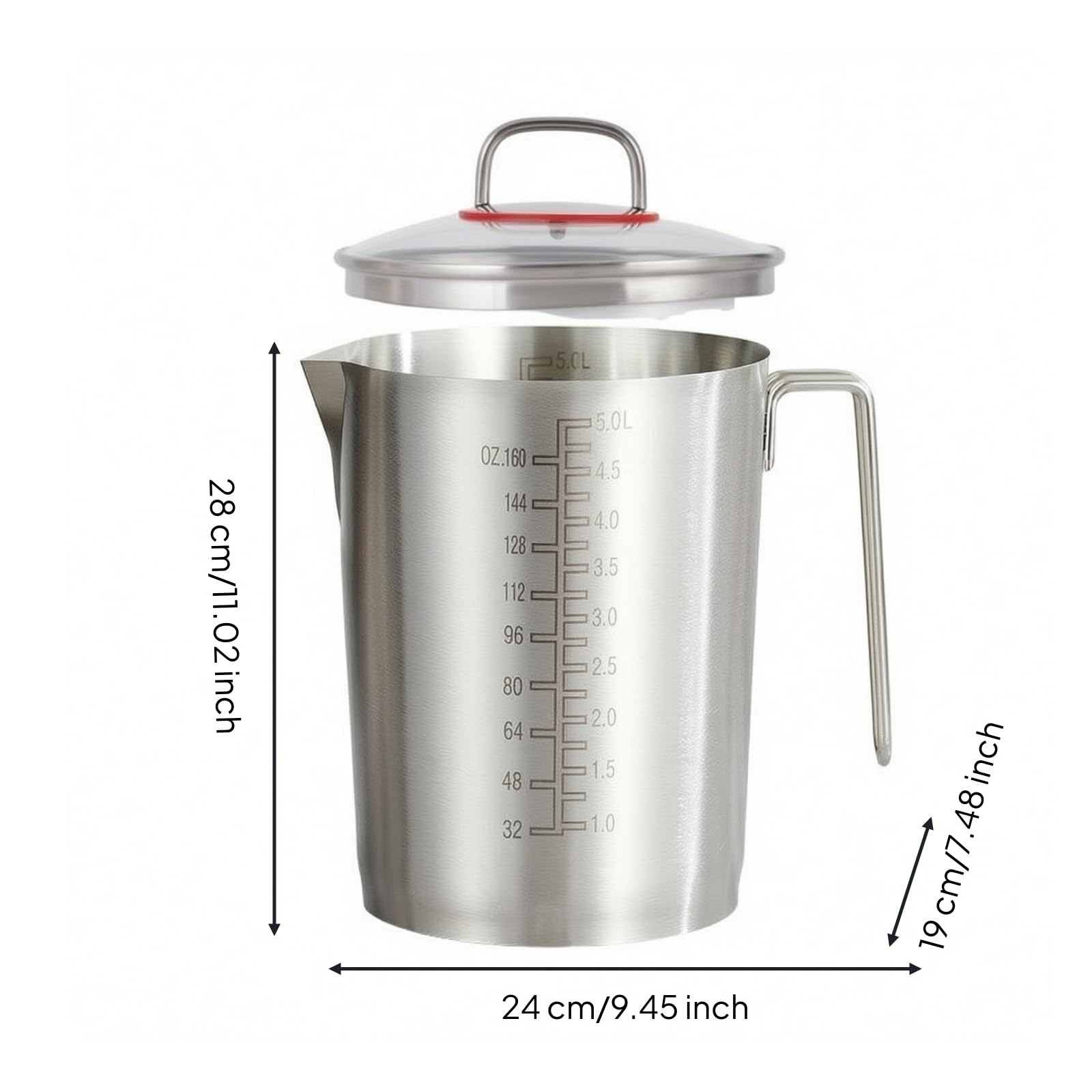 Vaso Medidor Acero Inoxidable Resistente Medidora con Asa y Vertedor Vertedor para Cocineros Caseros, Pasteleros, 5000ML, Tapa Vidrio