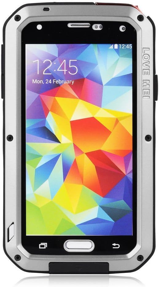 Love Mei Shockproof Waterproof Dust/dirt/snow Proof Aluminum Metal Gorilla Glass Military Heavy Duty Protection Case Cover Glass Metal Cover Case for Samsung Galaxy S5 (Silver)