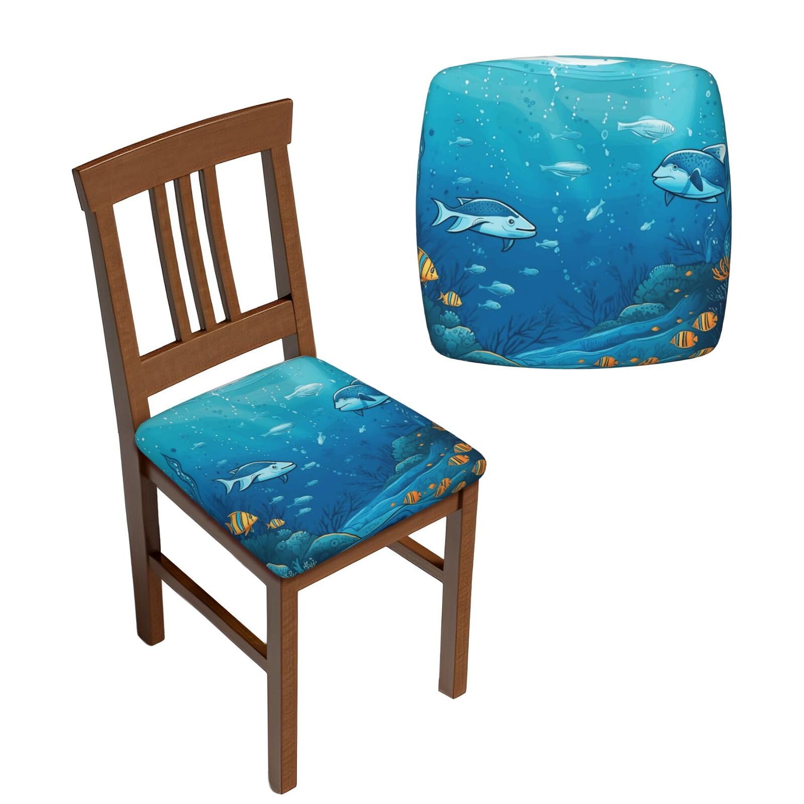 NONHAI 6PCS Dining Chair Seat Covers Set Underwater Ocean Illustration Stretch Removable Chairs Covers Washable Seat Cushion Slipcovers Protector for Dining Room Kitchen Chairs