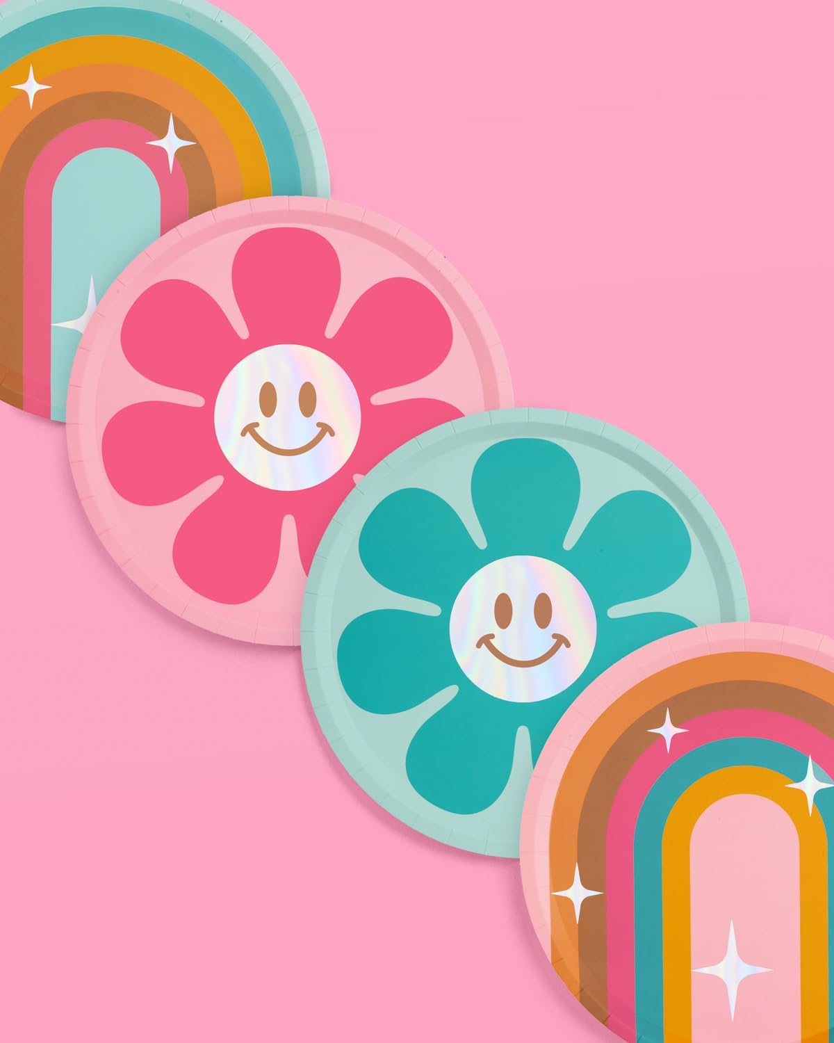 xo, Fetti Rainbow Flower Groovy Paper Plates - 24 pk, 9" | Bachelorette Party Decorations, Smiley Pastel Birthday Supplies, 70s Baby Shower Favors, HBD, Fun Retro Tableware