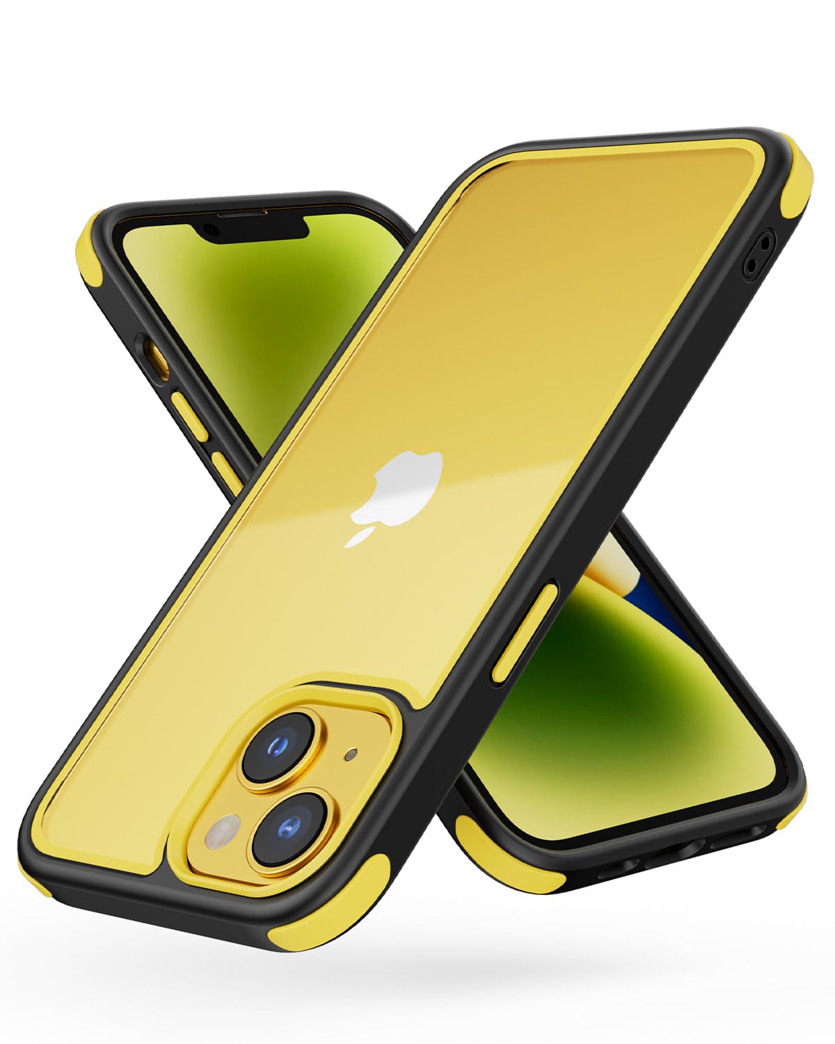 MobNano iPhone 13 /14 ケース クリア 【米軍MIL規格・撞色デザイン】 耐衝撃 透明 カバー 黄変防止 TPUバンパー + PC背面 衝撃吸収 ワイヤレス充電対応 ストラップホール付き アイフォン 13/14 用 スマホケース(6.1インチ,ブラック/イエロー)