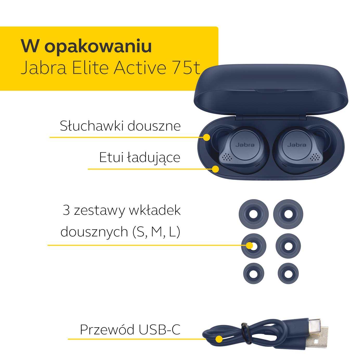 Jabra Elite Active 75t - prawdziwie bezprzewodowe, sportowe słuchawki douszne z pasywną redukcją szumów i długą żywotnością baterii do połączeń i muzyki - granatowy