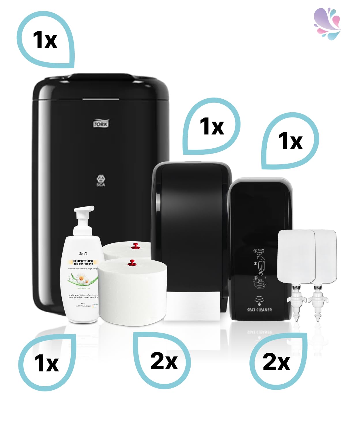 Set completo di toilette da donna: dispenser di carta igienica + pulizia seduta + schiuma intima + accessori igienici e riempitivo colore nero