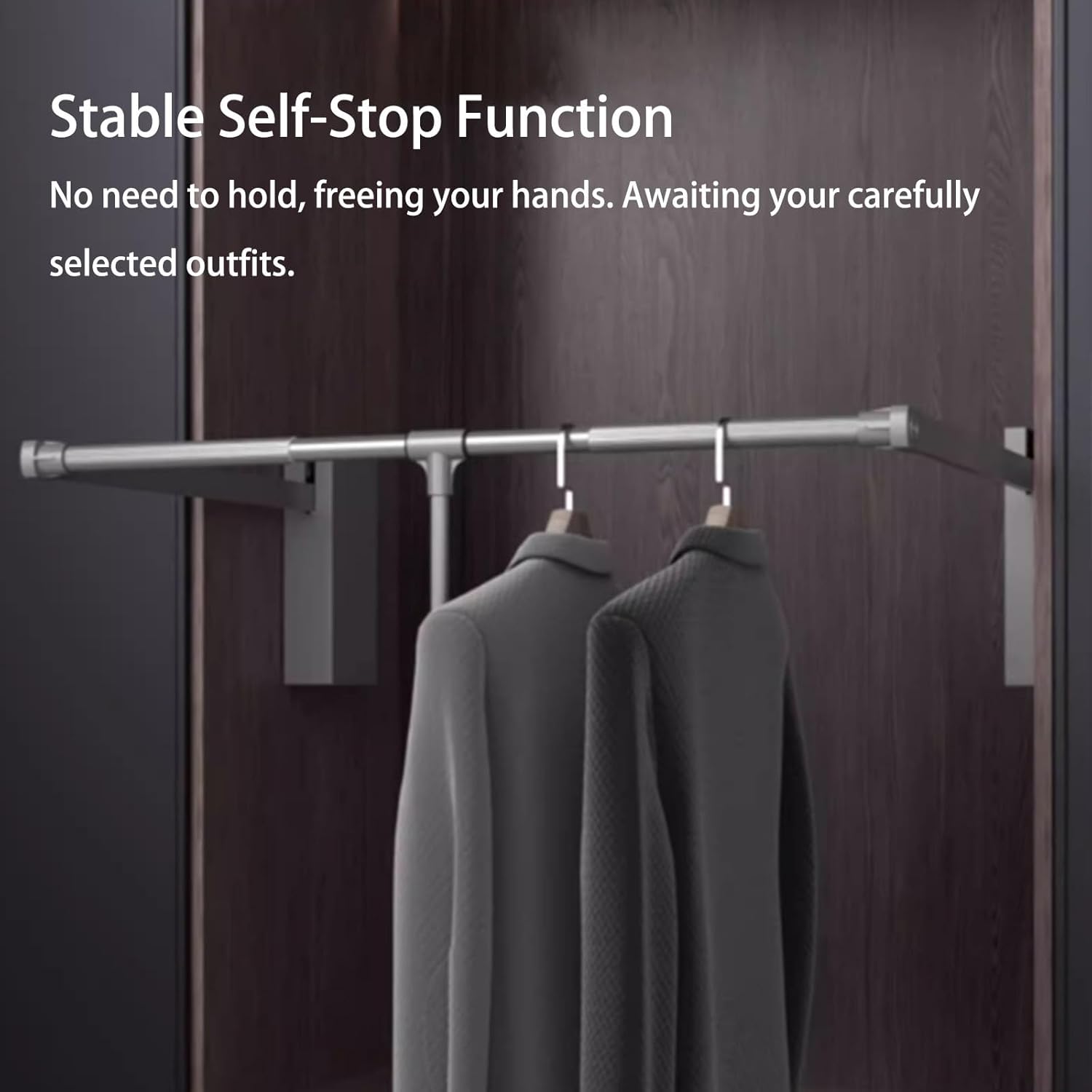 Adjustable Pull Down Closet Rod Organizer, Side Mounted Garment Rack, Soft Close Wardrobe Lift Rail, 44 Lbs Capacity, Space-Saving Storage Solution for Easy Access