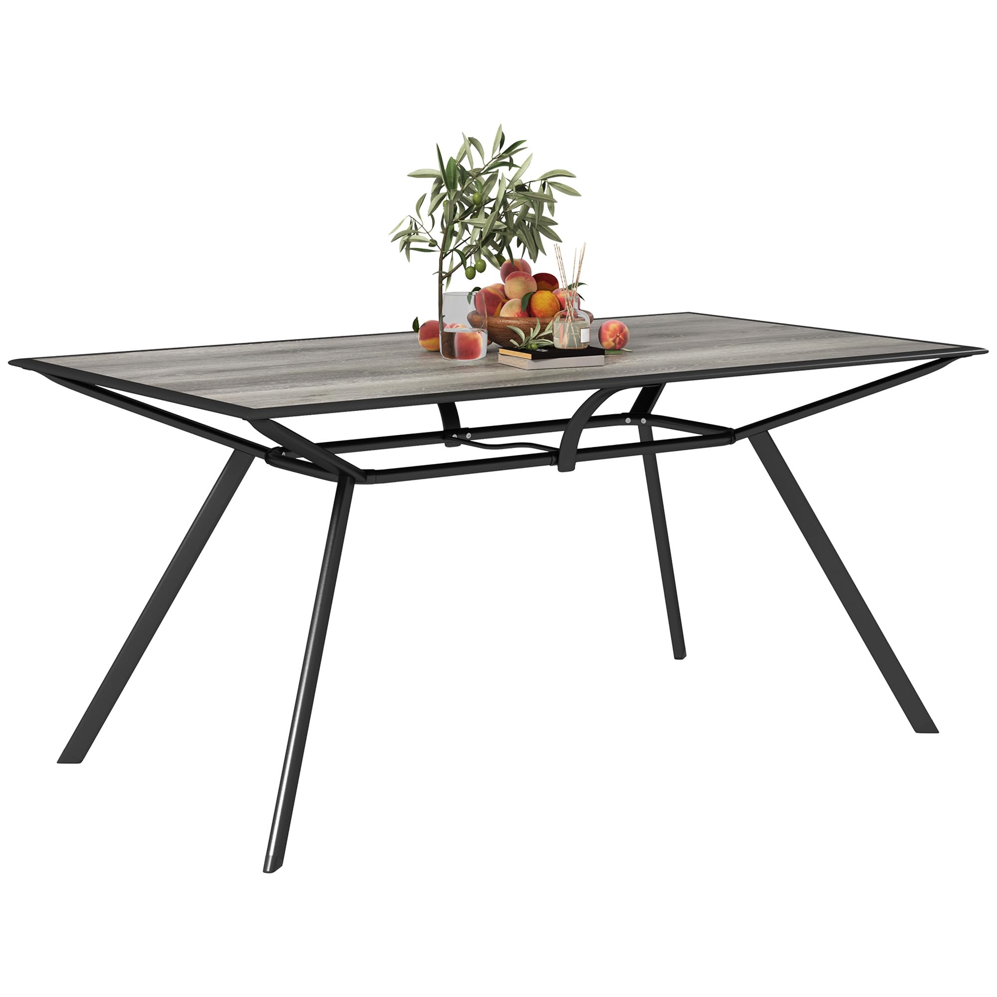 Outsunny Mesa de Jardín Exterior Mesa de Comedor Exterior con Encimera Imitación Madera y Estructura de Acero Carga 70 kg Mesa Rectangular para 6 Personas para Patio Terraza Gris