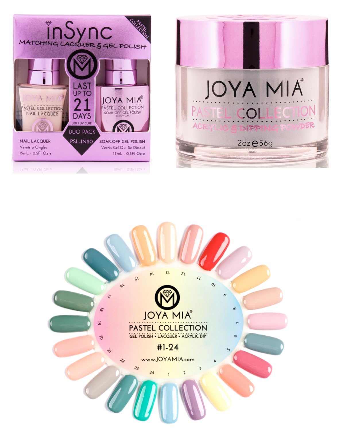 JOYA MIA Pastel 24 Colors Collection 3in1 Dipping Powder sets Matching Colors Gel polish and matching nail lacquer