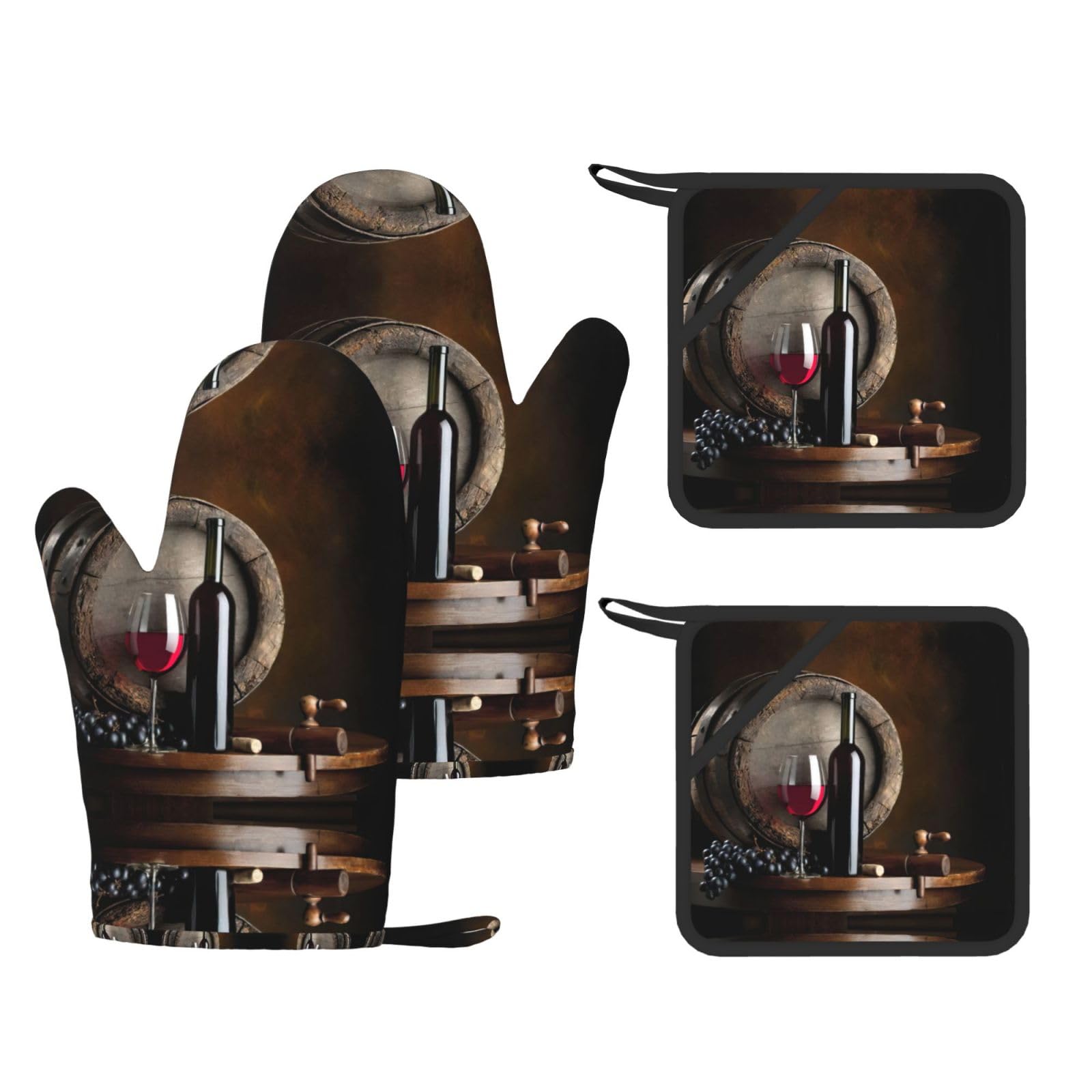 Red Wine Bottle Glass Trendy Printed Kitchen Set with Heat Resistant Gloves & Non-Slip Hot Pads for Baking & Grilling