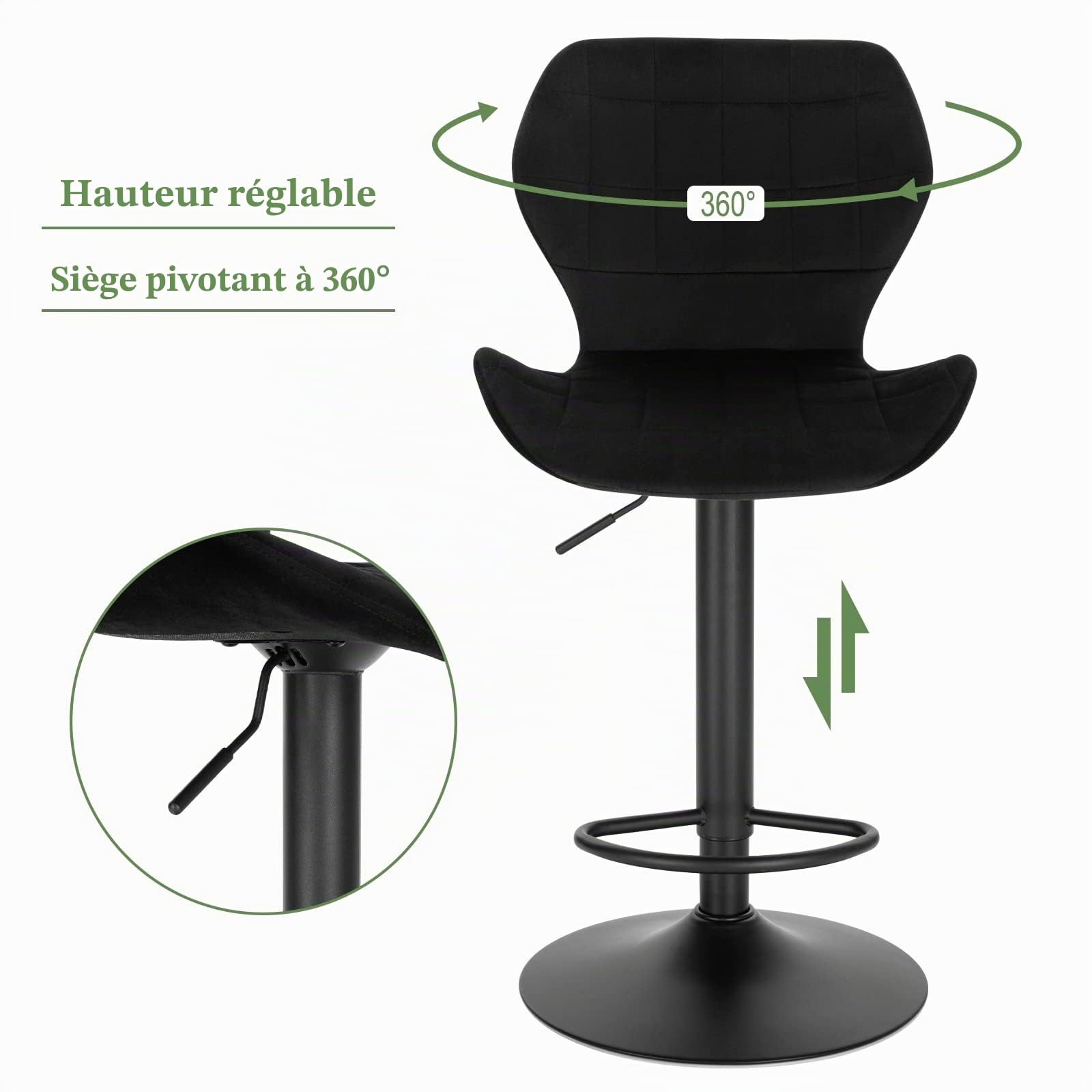 WOLTU Tabouret de Bar, avec Dossier, Velours, Noir