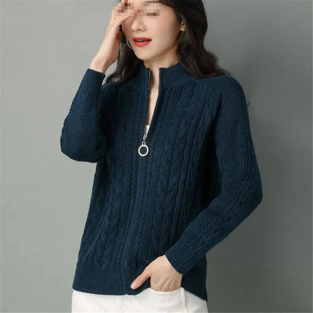 Ownwfeat Maglione Intrecciato con Zip A Mezzo Collo Alto da Donna con Cappotto A Maniche Lunghe Larghe.