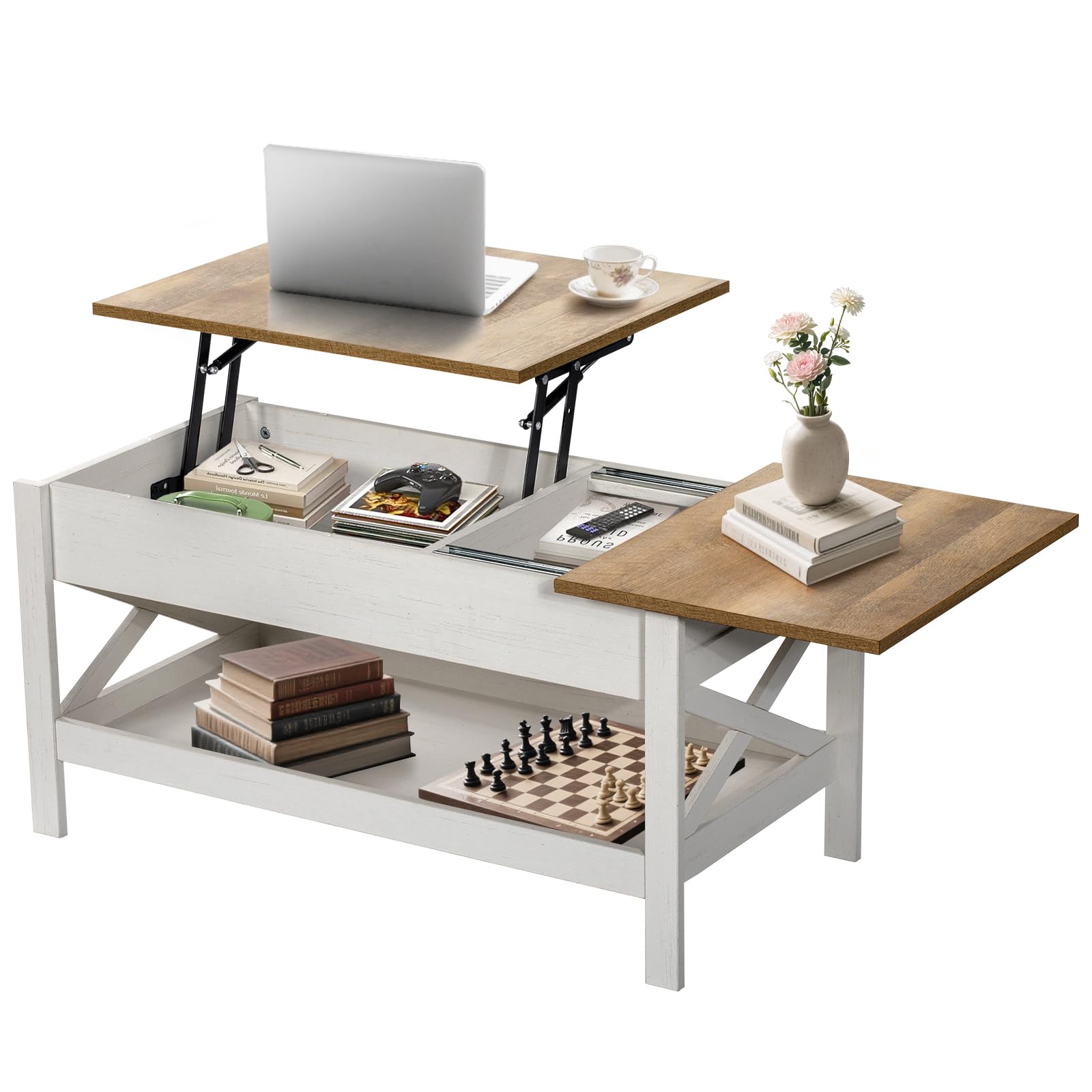 Vendricasa Couchtisch, Höhenverstellbarer Wohnzimmertisch mit Stauraum, 39 Zoll (99 cm), Holz Couchtisch mit verstecktem Staufach unter der anhebbaren Platte mit X-Fußgestell