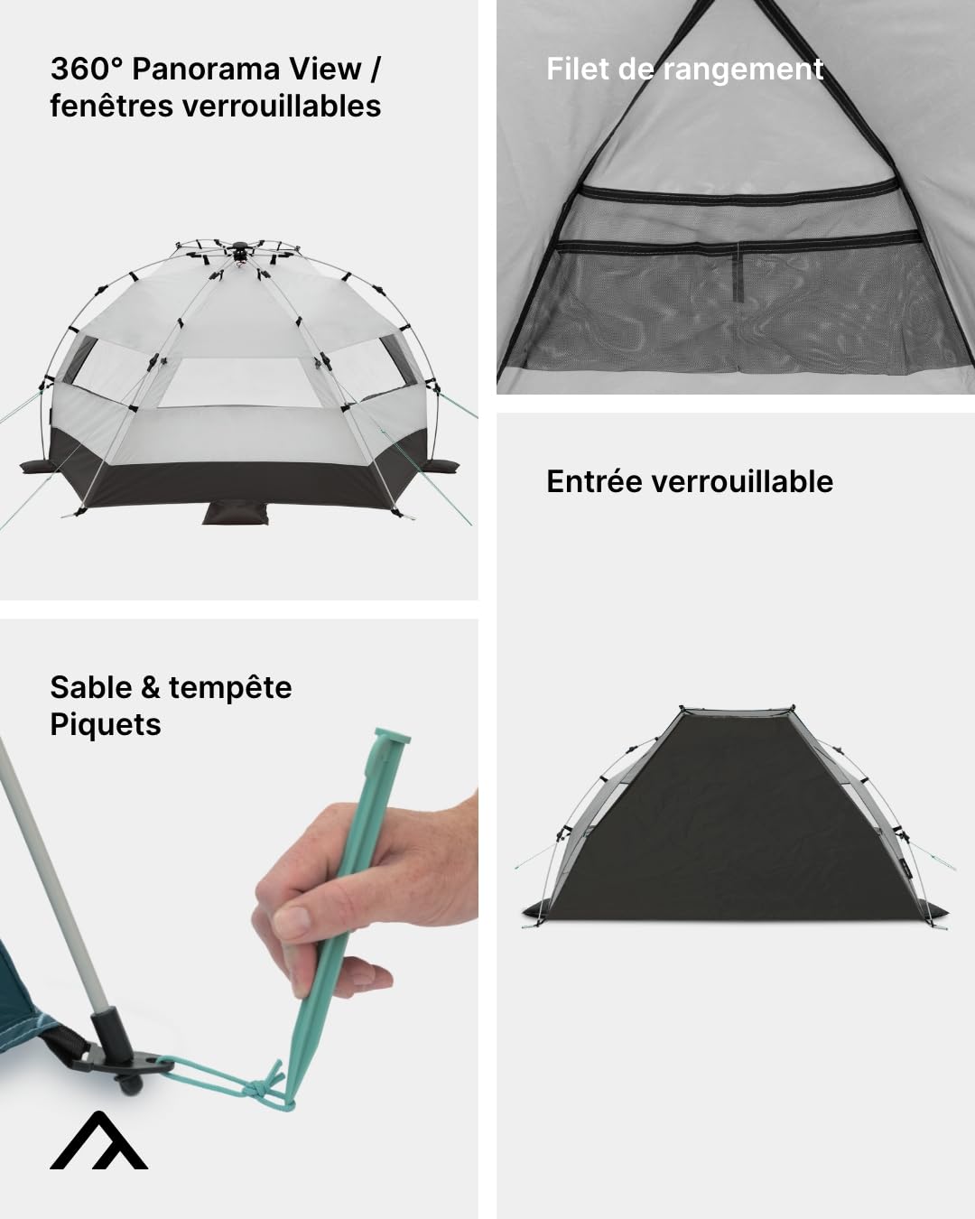 qeedo Quick Bay Pro Grande Tente de Plage UV80 pour 3 Personnes, avec piquets de Sable et Sac de Transport - Protection Solaire pour familles, Enfants, bébés ou Chiens - Gris Sable.