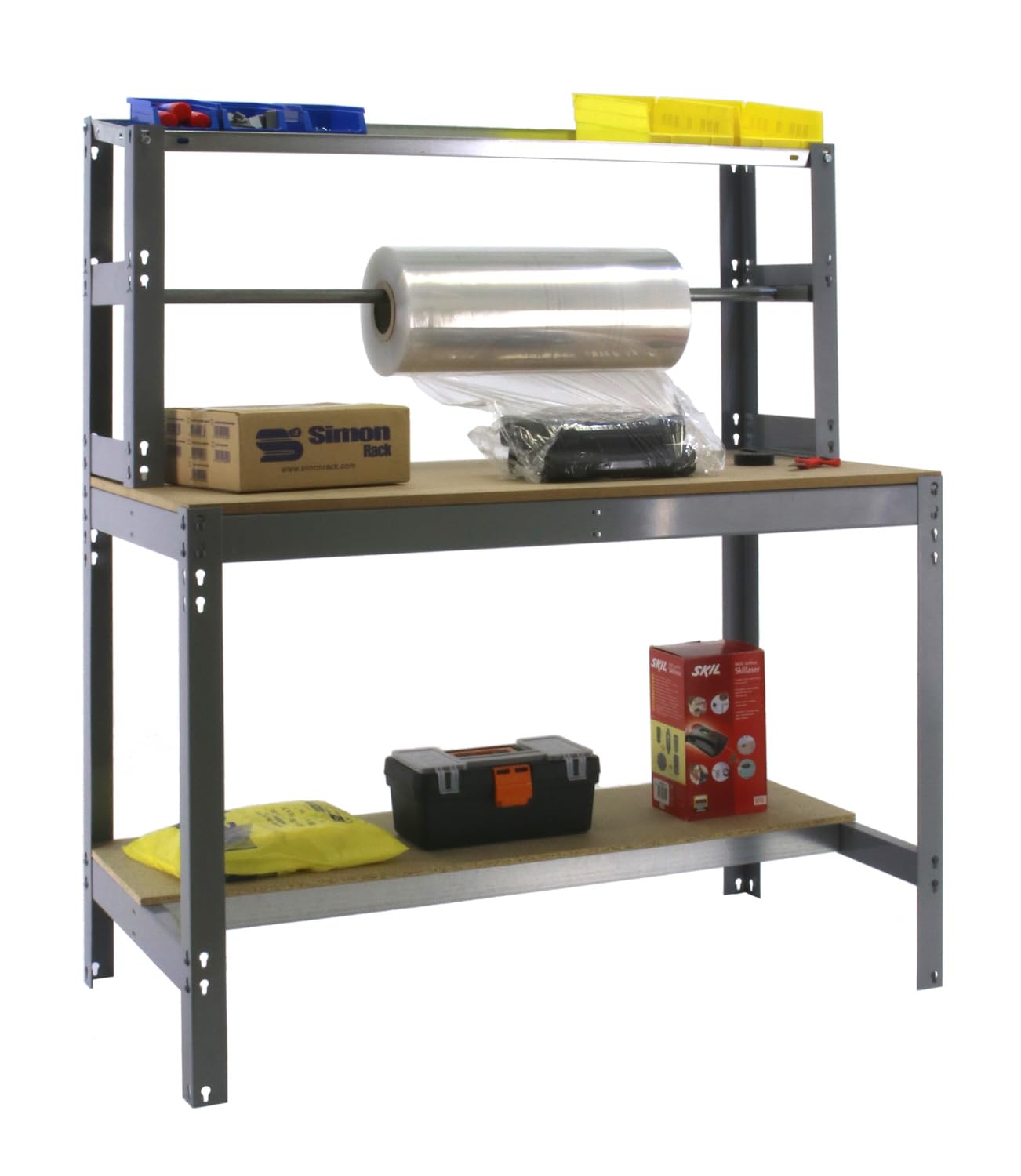 Simon Rack Banco de Trabajo con Porta Rollo 910x760 mm - BT4 | Porta Rollo, Tablero madera 16 mm, Capacidad Carga 400 kg, Gris , Pintura anticorrosión, Montaje sistema clic