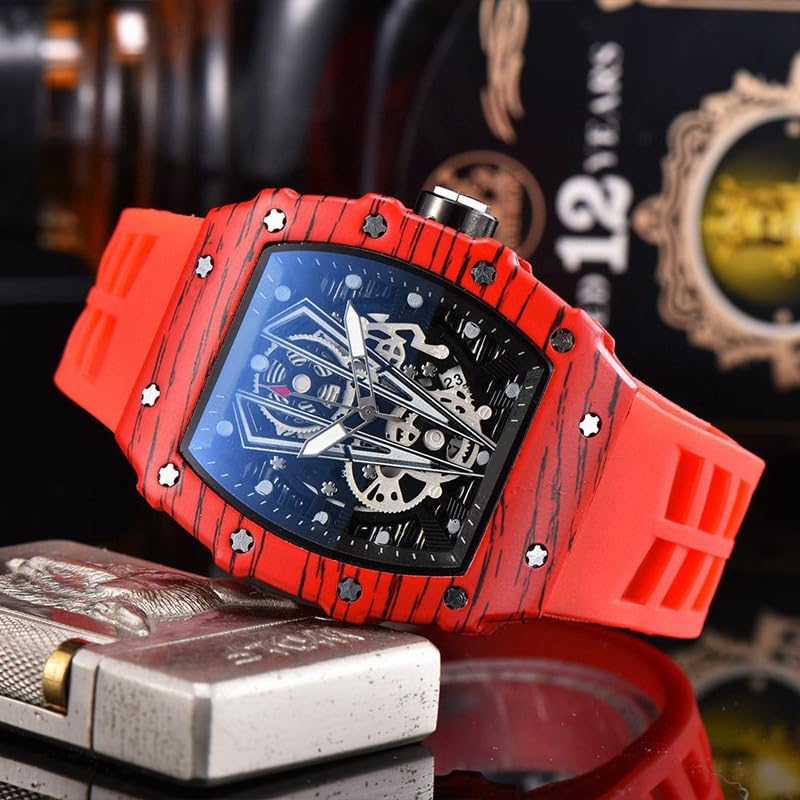 Image of Richard Hot-Selling Colorful Wood Grain Bull Style Barrel-Shaped Fashion Watch - Large Dial Pointer, Stainless Steel, PU Strap, Alloy Case, Black Color