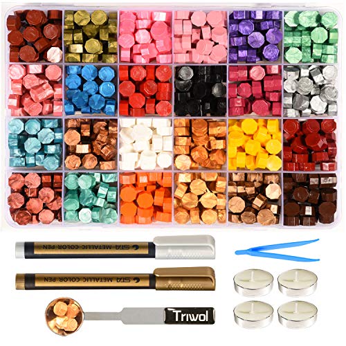 Triwol Wax Seal Stamp Kit, 672Pcs Wax Seal Beads 24 Colors, Octagonal Sealing Wax Beads with Wax Seal Spoon, 2Pcs Wax Seal Pens, Tweezer and 4Pcs Tea Candles for Wedding Wax Letter Seal Stamp