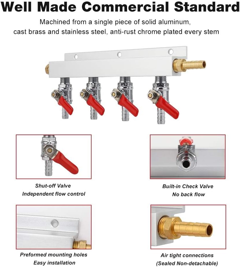 Ferroday 4 Way Gas Manifold 5/16" Barbed Integrated Check Valves CO2 Distributor Independent Shut Off 4 Way CO2 Manifold Gas Distributor for Home Brew Beer Gas Manifold Kegerator Manifold + 5 Clamps