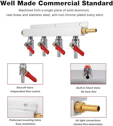Miniatura 4 de Ferroday Colector de gas de 4 vías, válvulas de retención integradas de púas de 5/16 pulgadas, distribuidor de CO2, apagado independiente,