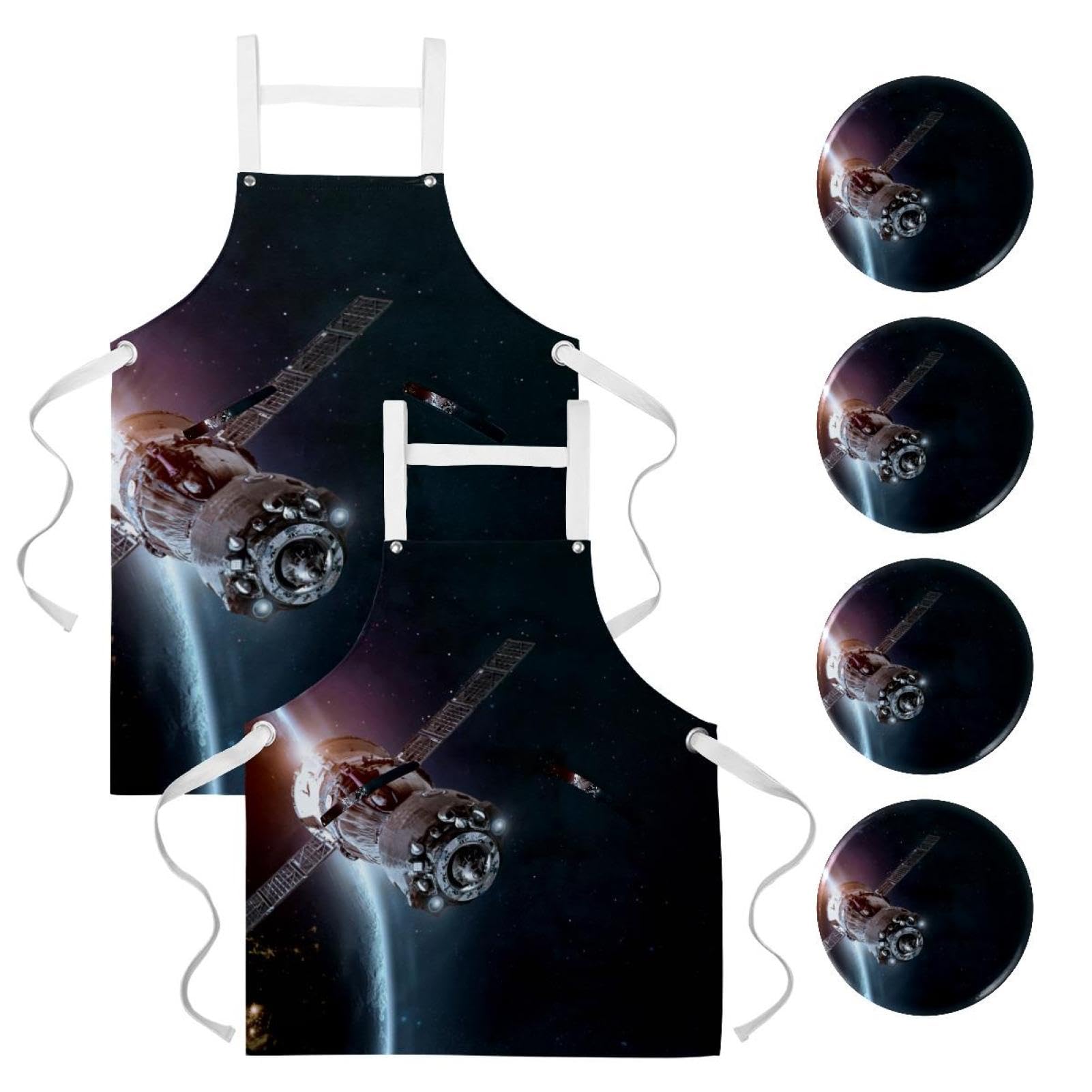 Tablier de cuisine imprimé navire spatial avec ses 4 broches - 7