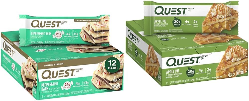 Quest Nutrition Peppermint Bark Protein Bar, 21g Protein, 4g Net Carb, 1g Sugar, Gluten Free & Apple Pie Protein Bar, 20g Protein, 4g Net Carbs, 2g Sugar, Gluten Free, Keto Friendly