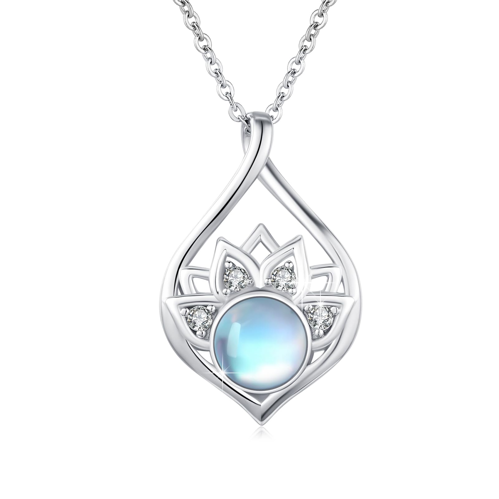 OHAYOO Collar con colgante de piedra lunar de loto, plata de ley 925, colgante de flor de loto, joyería de cumpleaños, día de la madre, regalo para mujeres, amantes del yoga, Plata esterlina, Piedra