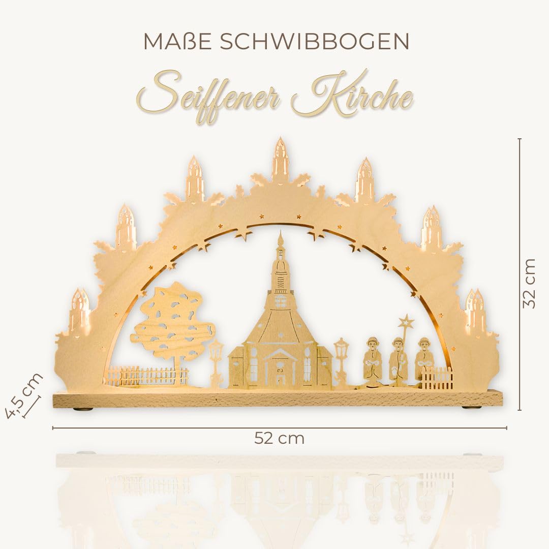 weigla - Schwibbogen original Erzgebirge I LED Lichterbogen Weihnachten I Motiv Seiffener Kirche I 7 Lampenkerzen + 1 Ersatzlampe I 7 x 34 V, 0,2 W, E10 I beleuchtete Weihnachtsdeko