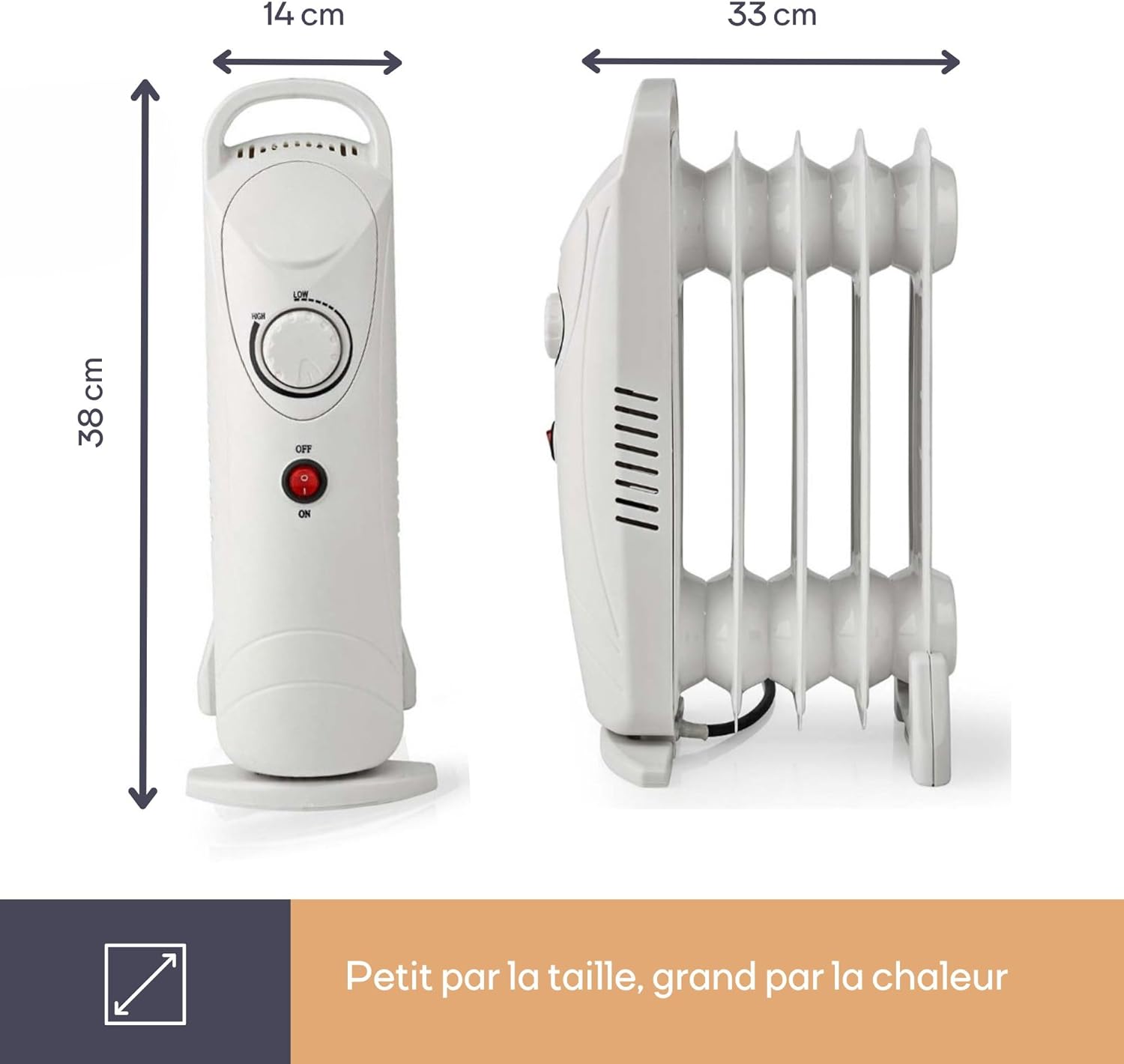 Dimensions of the Perel Oil-Filled Radiator: 38 cm height, 14 cm width, 33 cm depth.