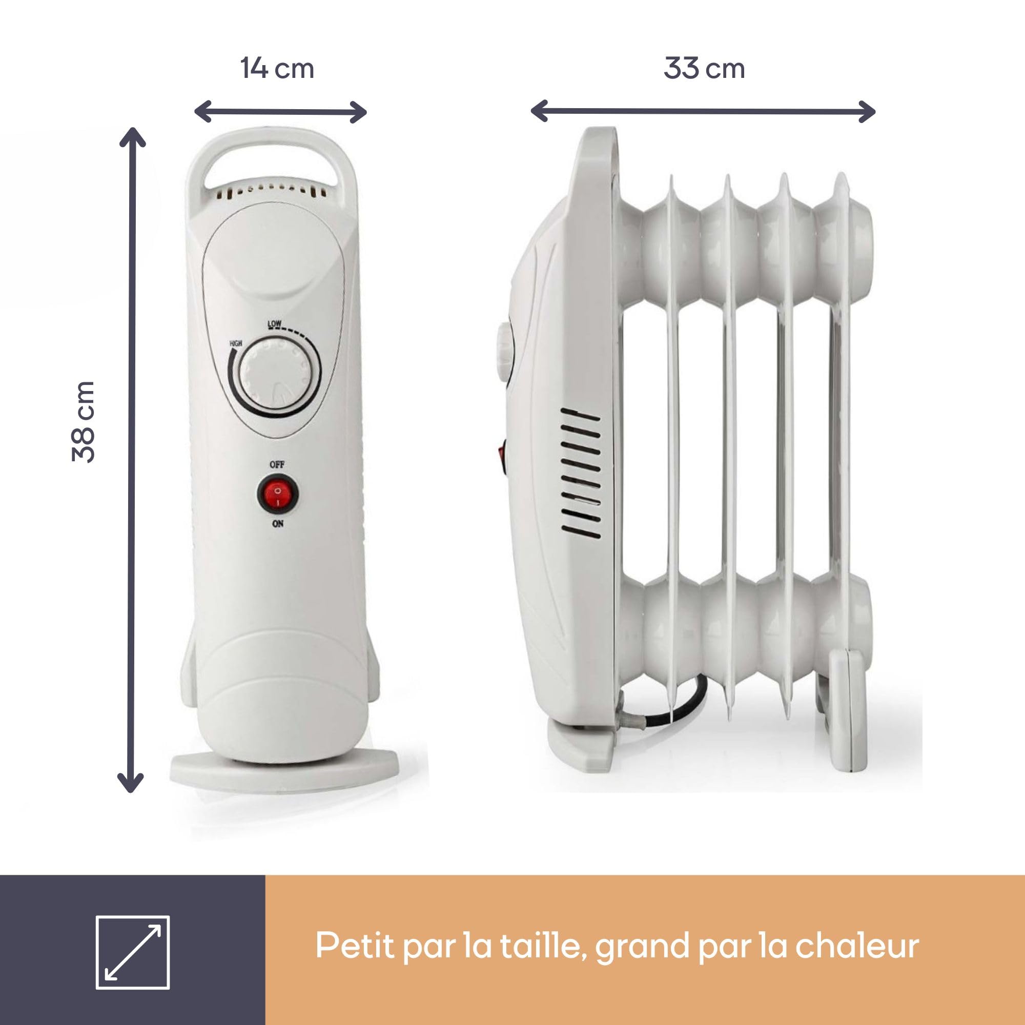 Perel Radiateur à bain d’huile 700 W, 7 éléments, chauffage bain d’huile, chauffage d’appoint, radiateur électrique, thermostat, poignée, roulettes, max.15 m², blanc