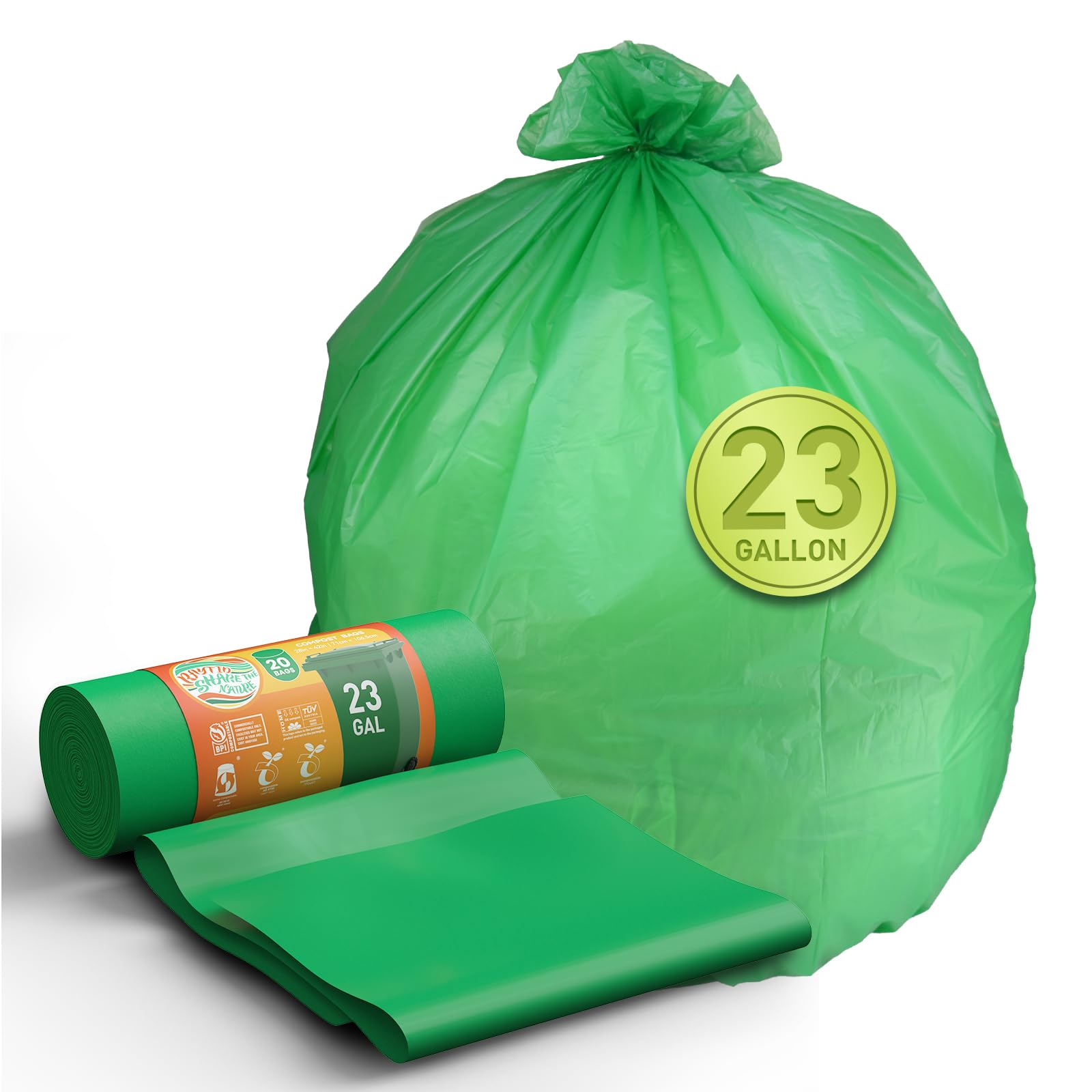 Compostable Trash Bags 23 gallon Large Garbage Bags,20 Count, Fits13-25 gallon trash can, Extra Strong and Durable,Compostable Lawn & Leaf Yard Waste bags,ASTM D6400,Bpi &OK compost HOME certified