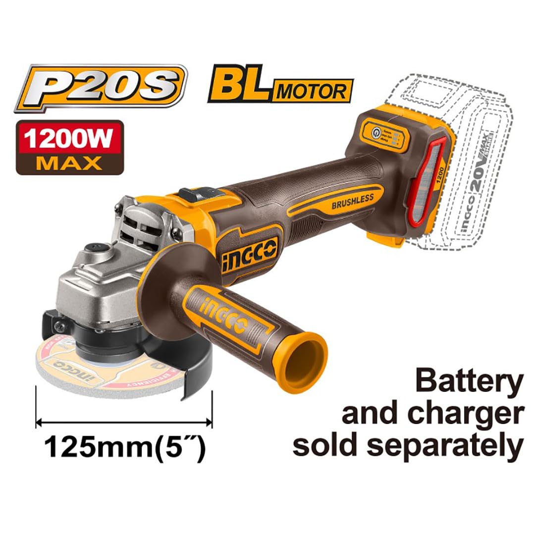 Ingco Cagli221253e Smerigliatrice Angolare a Batteria 20 V 125 mm 1200 W Brushless 3 Velocità Solo Corpo