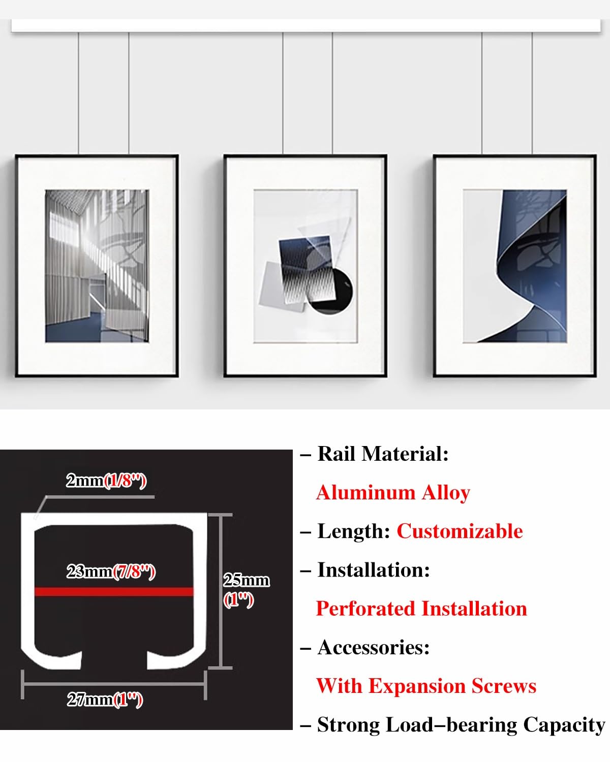 Colgar Cuadros Kit de Cuerdas y Ganchos para Colgar Cuadros de Museo, Riel de Aluminio para Exhibición de Fotos con Gancho Ajustable, Letrero Decorativo para Pared de Gran Tamaño.(6.5'/2000mm Cable,Ce