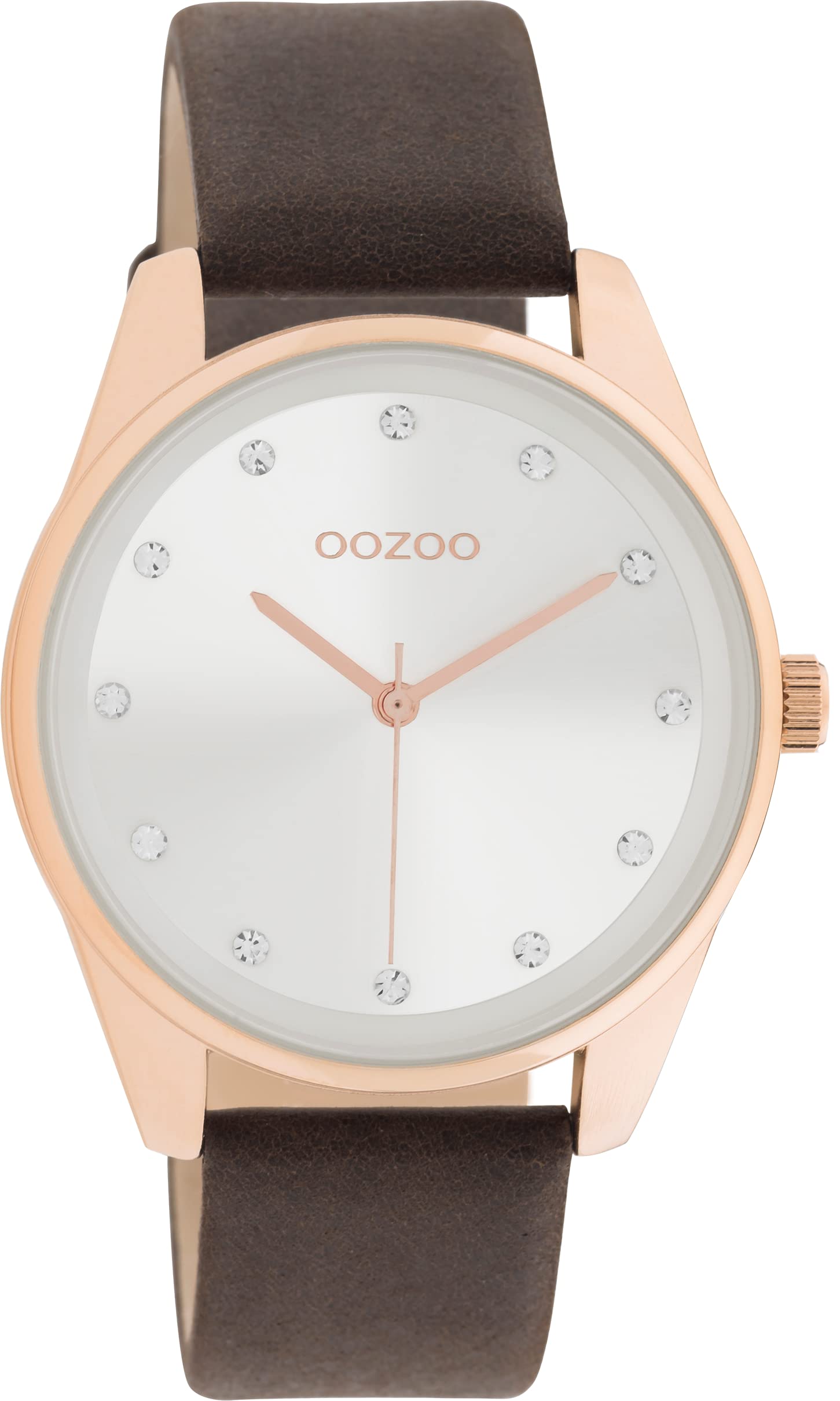 Reloj de mujer grande Oozoo con correa de cuero y esfera con 12 circonitas cúbicas de 42 mm de diámetro en diferentes variaciones, Marrón y oro rosa, Correas