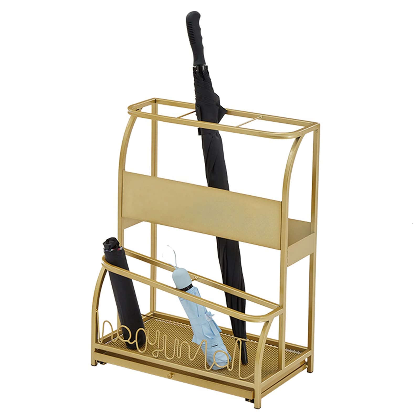 Porte-parapluie doré en métal avec support de rangement en grille