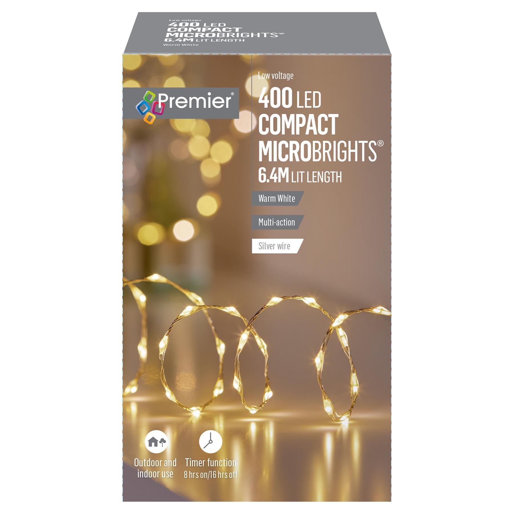 Premier Decorations 400 LED Compact Microbrights Christmas String Lights 6.4m - Warm White Multi-Action with Timer, Silver Wire, Indoor/Outdoor Use, Eco-Friendly