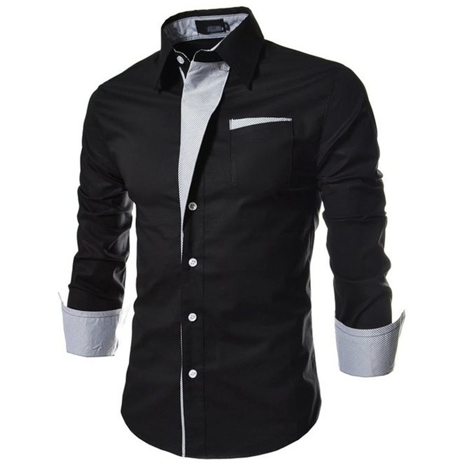 Mens Long Sleeve Stylish Dress Shirts Patchwork Casual Button Down Shirts Turn-Down Collar Shirt Top with Pockets (Black,Medium)