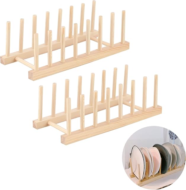 XIACIBDUS 2 PCS Wooden Dish Rack, Plate Stand Racks, Wooden Dish Drainers Pot Lid Holder, Kitchen Cabinet Organizer for Bowl Cup Cutting Board Book