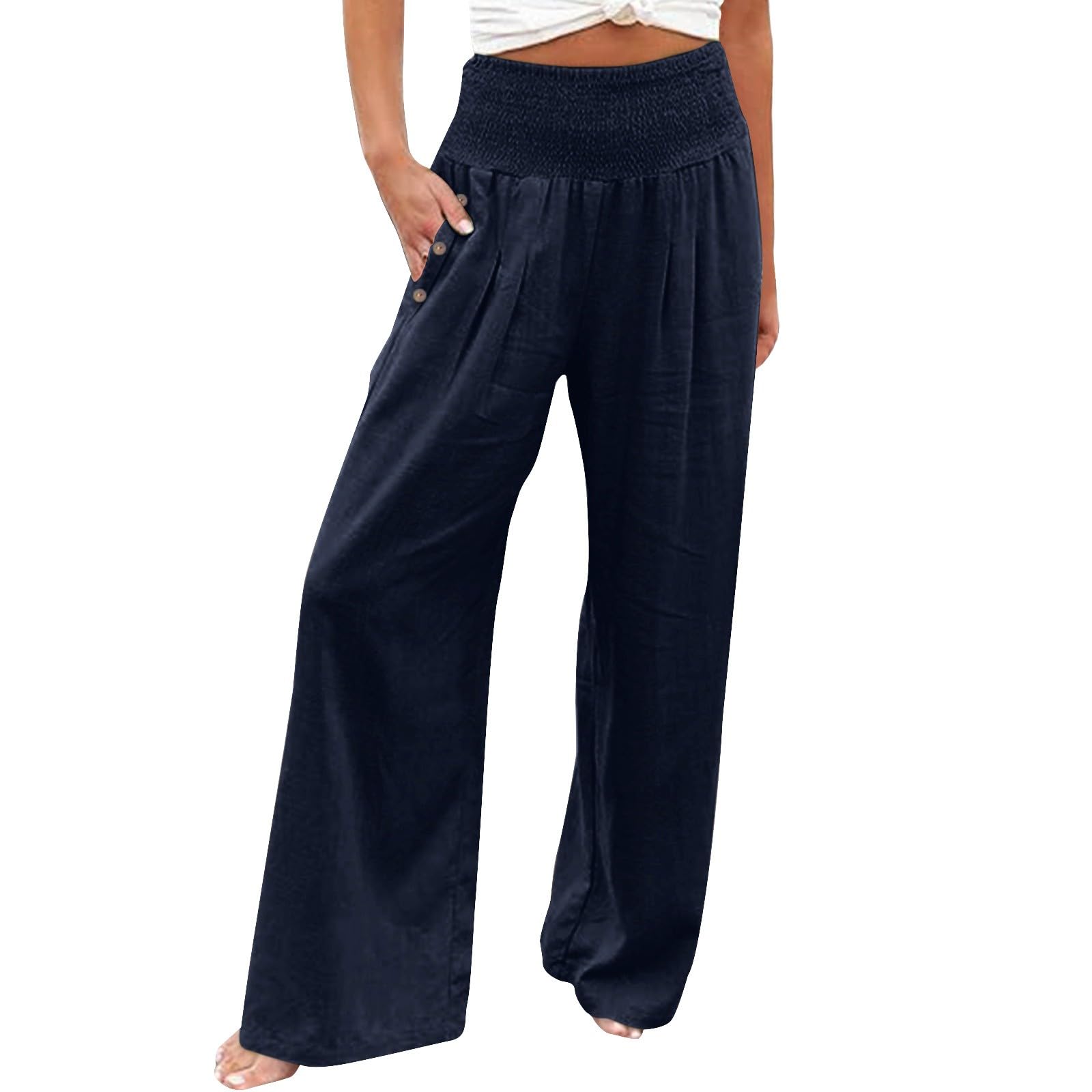 Women Linen Palazzo Pants Wide Leg High Waist Lounge Spring Casual Boho Trousers Travel Vacation Outfit with Pocket